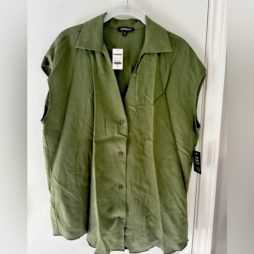 express green linen button up short sleeve blouse